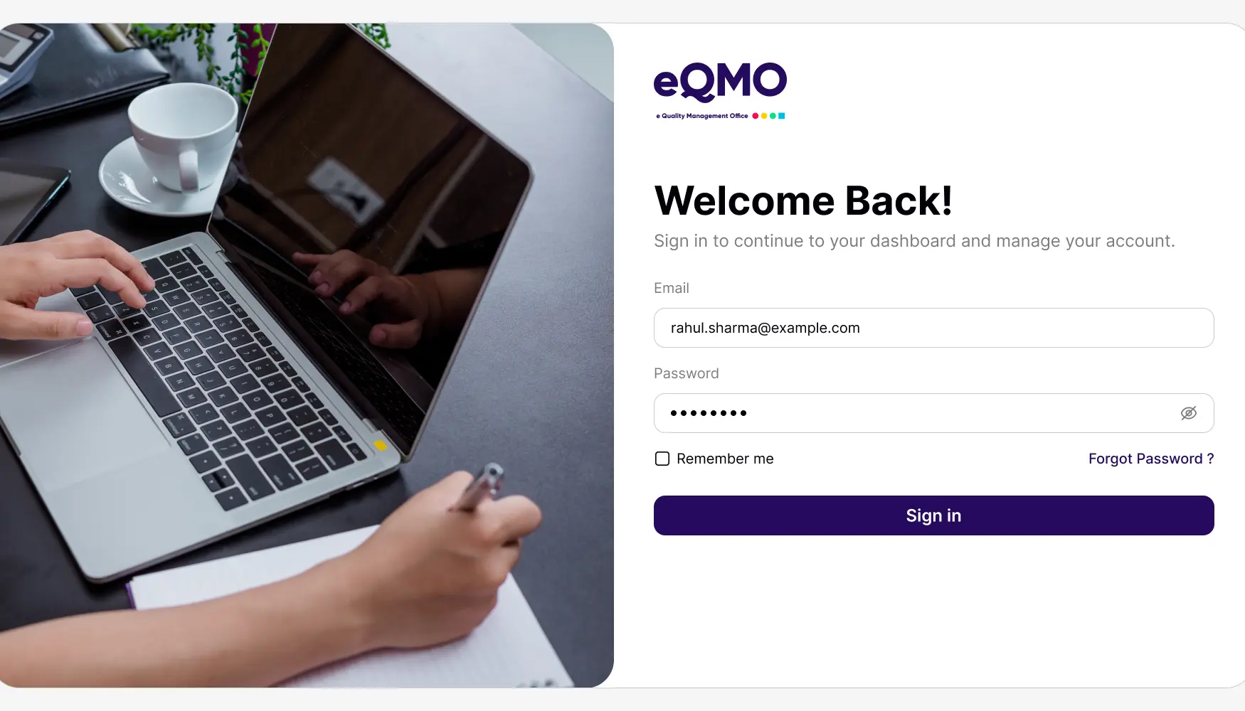 The eQMO sign-in screen.