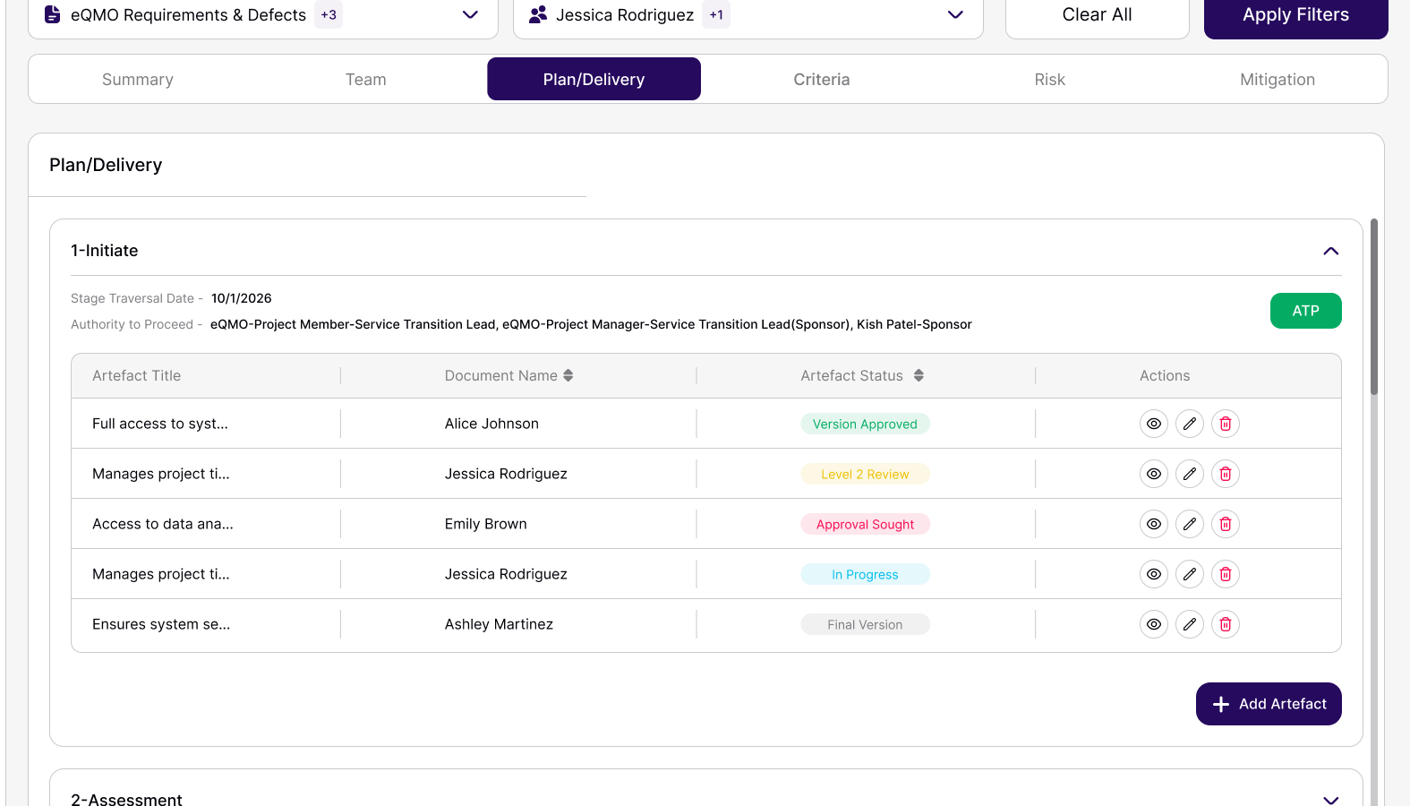 The Plan and Delivery screen, showing the Initiate stage, its documents, their approval status and an ATP button.